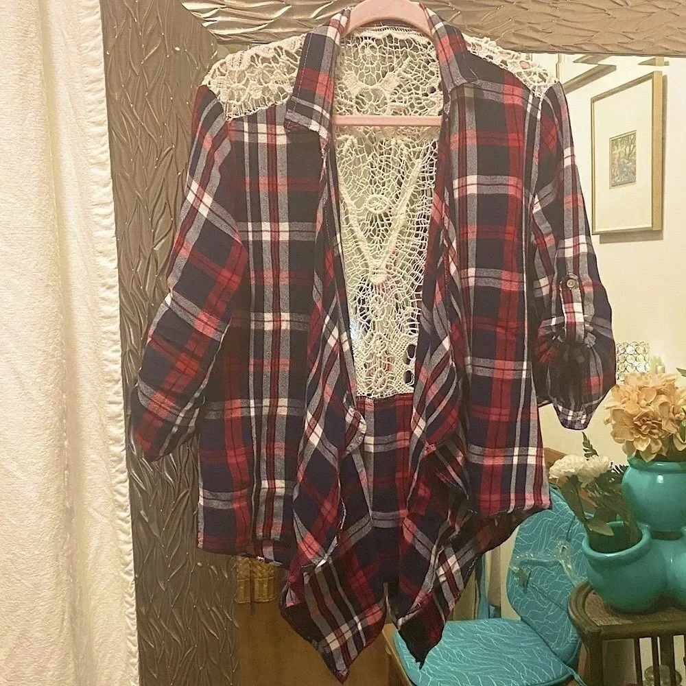 Red & Black Flannel White Crochet Lace  Back Tie Front Cardigan - Picture 2 of 5